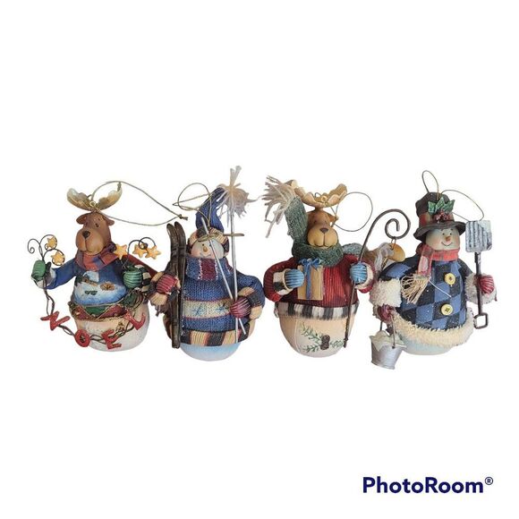 Vintage Fabric Mache Holiday Winter Christmas Ornaments Snowmen & Moose Set of 4 - Picture 2 of 16